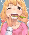  1boy 1girl bangs blonde_hair blue_background blush brown_eyes brushing_another&#039;s_teeth brushing_teeth cheek_press collarbone commentary_request dripping eyebrows_visible_through_hair face fingernails futaba_anzu hair_bobbles hair_ornament highres idolmaster idolmaster_cinderella_girls long_hair looking_at_viewer low_twintails one_eye_closed open_mouth outline pink_shirt pov pov_hands shirt simple_background sleep_bubble solo_focus tadanoshi_kabane teeth tongue twintails upper_body uvula white_outline 