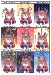  1girl ? @_@ ahoge ahoge_wag animal_ears bangs blue_eyes blush blush_stickers brown_hair chibi commentary dizzy_(feeling) eighth_note expression_chart expressive_hair fire hairband heart_ahoge highres holding_tail horse_ears horse_girl horse_tail kyou_(fr39) lightning long_hair meme mihono_bourbon_(umamusume) musical_note open_mouth parted_lips sailor_collar school_uniform short_sleeves space space_cat_(meme) star_(symbol) tail tracen_school_uniform translated trembling triangle_mouth turn_pale umamusume upper_body window 