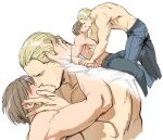  2boys bara bed belt blonde_hair blue_pants blush brown_belt brown_hair closed_eyes couple hand_on_another&#039;s_cheek hand_on_another&#039;s_face hand_on_another&#039;s_head jack_krauser kiss lying male_focus multiple_boys muscular muscular_male on_back on_bed pants psmhbpiuczn resident_evil resident_evil_4 resident_evil_darkside_chronicles short_hair topless_male white_background yaoi 