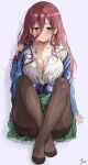  1girl artist_name bangs black_legwear blue_cardigan blue_eyes blush breasts cardigan cleavage collarbone collared_shirt commentary_request crossed_ankles feet frown go-toubun_no_hanayome green_skirt hair_between_eyes headphones headphones_removed highres large_breasts legs lips long_hair long_sleeves nakano_miku no_shoes pantyhose red_hair revision saya_(mychristian2) shiny shiny_clothes shiny_hair shirt signature simple_background sitting skirt solo toes white_background white_shirt 