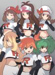  6+girls :d aqua_eyes bandana bangs baseball_cap blue_eyes breasts brown_eyes brown_hair closed_mouth cosplay crop_top cynthia_(pokemon) duplica_(pokemon) elbow_gloves gloves grey_background grey_eyes hair_ornament hair_over_one_eye hand_on_hip hands_on_hips hat highres hilda_(pokemon) long_hair looking_at_viewer lyra_(pokemon) may_(pokemon) medium_hair midriff misty_(pokemon) multiple_girls navel one_eye_closed open_mouth pencil_skirt pokemon pokemon_(anime) pokemon_(classic_anime) pokemon_(game) pokemon_bw pokemon_dppt pokemon_hgss pokemon_rgby pokemon_rse ponytail poyo_party print_shirt shirt side_ponytail simple_background skirt smile team_rocket team_rocket_grunt team_rocket_grunt_(cosplay) team_rocket_uniform twintails v-shaped_eyebrows very_long_hair white_skirt 