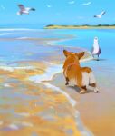  absurdres animal_focus beach bird blue_sky dog highres no_humans ocean original painting sand scenery seagull sky snatti two-tone_fur welsh_corgi 