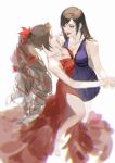  2girls absurdres aerith_gainsborough anklet bangs bare_shoulders black_hair blue_dress blurry breasts brown_hair chinese_commentary cleavage collarbone commentary_request dancing dress drill_hair eye_contact eyeshadow final_fantasy final_fantasy_vii final_fantasy_vii_remake flower from_above full_body gown green_eyes hair_flower hair_ornament hair_ribbon hand_on_another&#039;s_shoulder highres holding_hands jewelry long_hair looking_at_another makeup multiple_girls necklace open_mouth red_dress red_eyes ribbon shuangbatian simple_background sketch split_ponytail swept_bangs tifa_lockhart twin_drills white_background yuri 
