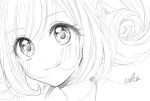  1girl :q blush bright_pupils cropped_torso eyebrows_visible_through_hair face greyscale highres idolmaster idolmaster_cinderella_girls looking_afar monochrome satou_shin signature sketch solo tongue tongue_out twintails uika310p 