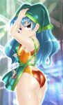  1girl :t apron armpit_peek ass back_cutout blue_hair breasts clothing_cutout commentary_request green_apron green_headwear haniyasushin_keiki head_scarf large_breasts long_hair looking_at_viewer orange_swimsuit paintbrush pliers purple_eyes solo swimsuit thick_thighs thighs tools touhou winn 
