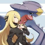  1girl absurdres black_coat black_shirt blonde_hair blush closed_mouth coat commentary_request cynthia_(pokemon) eyelashes from_side fur-trimmed_coat fur_collar fur_trim garchomp gazacy_(dai) grey_eyes hair_ornament hair_over_one_eye hand_up highres long_hair long_sleeves looking_at_viewer pokemon pokemon_(creature) pokemon_(game) pokemon_dppt shiny shiny_hair shirt sideways_glance smile upper_body 