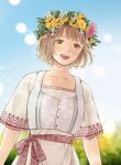  1girl :d bangs blurry blurry_background blush brown_eyes brown_hair day dress dungeon_meshi falin_thorden flower head_wreath highres sami_(3a3i3a3i) sash short_hair short_sleeves sky smile solo upper_body vest 