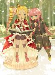  2girls bangs beatrice_(re:zero) blonde_hair blue_eyes blunt_bangs book capelet commentary_request crown dappled_sunlight dress drill_hair forest frilled_dress frilled_sleeves frills fur-trimmed_capelet fur_trim highres lewes_meyer mini_crown multiple_girls nature one_eye_closed open_mouth pantyhose parupin pink_hair re:zero_kara_hajimeru_isekai_seikatsu reading ribbon sitting sunlight twin_drills 
