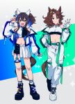  2girls alternate_costume animal_ears aqua_eyes baggy_pants bangs bare_shoulders belt black_hair blue_hair blue_nails brown_hair commentary_request crop_top daitaku_helios_(umamusume) ear_covers fingerless_gloves full_body gloves green_nails hair_ornament hand_in_pocket hand_up highres horse_ears horse_girl horse_tail jacket long_hair long_sleeves mejiro_palmer_(umamusume) midriff multicolored_hair multiple_girls nail_polish navel open_clothes open_jacket open_mouth pants ponytail puffy_sleeves shoes shorts shorts_under_skirt skirt smile socks streaked_hair suzikoooo73 tail two-tone_hair umamusume white_hair yellow_eyes 