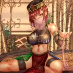 1girl adapted_costume arabian_clothes black_shirt breasts chain clothes_writing gold_chain hecatia_lapislazuli highres large_breasts leg_strap midriff mouth_veil multicolored_clothes navel red_eyes red_hair shirt shounen_(hogehoge) sitting sleeveless stomach thighs touhou veil 