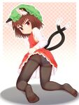  1girl :3 animal_ear_fluff animal_ears ass bangs blush border bow bowtie breasts brown_eyes brown_hair cat_ears cat_tail chen closed_mouth clothes_lift commentary_request dress earrings eyebrows_visible_through_hair full_body green_headwear hat hidanomura highres jewelry kneeling lifted_by_self long_sleeves looking_at_viewer looking_back mob_cap multiple_tails nekomata outline outside_border panties panties_under_pantyhose pantyhose petticoat red_dress shadow short_hair single_earring skirt skirt_lift small_breasts soles solo tail thighband_pantyhose toes touhou two_tails underwear white_border white_bow white_bowtie white_outline 