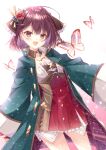  1girl :d atelier_(series) atelier_sophie black_ribbon blue_coat blush braid brown_eyes brown_hair bug butterfly coat cowboy_shot flower hair_flower hair_ornament hair_ribbon highres light_particles looking_at_viewer open_mouth red_flower red_rose red_skirt ribbon rose shiny shiny_hair shizuki_ayame short_hair simple_background skirt smile solo sophie_neuenmuller standing white_background 