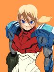  1girl arm_cannon armor bangs blonde_hair blue_eyes commentary_request go_d_e gun highres korean_commentary long_hair looking_at_viewer metroid metroid_dread mole mole_under_mouth ponytail power_armor power_suit samus_aran science_fiction simple_background solo upper_body weapon 