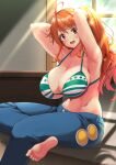  1girl ahoge arms_up barefoot bikini breasts cleavage commentary_request denim eyebrows_visible_through_hair highres indoors jeans kojirou! large_breasts looking_at_viewer nami_(one_piece) navel one_piece open_mouth orange_eyes orange_hair pants shiny shiny_hair sitting solo striped striped_bikini swimsuit window 