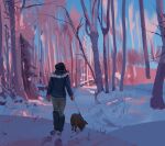  1girl dappled_sunlight dog dog_walking forest highres nature original outdoors painting snatti snow sunlight tree winter winter_clothes 