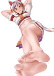  1girl absurdres animal_ears arms_up bangs barefoot bell calico cat_ears cat_girl cat_tail crop_top eyebrows_visible_through_hair feet foot_focus foreshortening goutokuji_mike highres jingle_bell looking_at_viewer maneki-neko medium_skirt midriff multicolored_clothes multicolored_hair multicolored_shirt multicolored_skirt multicolored_tail neck_bell oirin orange_eyes patches patchwork_clothes short_hair short_sleeves simple_background skirt soles stomach streaked_hair tail toes touhou white_background white_hair 