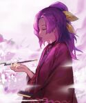  1girl closed_eyes closed_fan folding_fan forehead hand_fan highres holding holding_fan japanese_clothes kimono kiseru komakusa_sannyo long_hair pipe ponytail purple_hair red_kimono ribbon siyumu smoke tobacco touhou wide_sleeves yellow_ribbon 