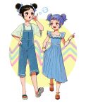  2girls :d bangs black_eyes black_hair blue_dress blue_hair blush blush_stickers bow bubble_blowing charlotte_(cyphers) cyphers double_bun dress english_commentary hair_bow highres marlene_(cyphers) multiple_girls n-i-s-s-i overalls pointing red_eyes sandals short_hair short_sleeves short_twintails skirt_hold smile standing twintails walking white_background wristband 