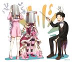  1boy 2girls bangsutur baton_(conducting) beatrice_(re:zero) black_hair blonde_hair braid bucket bucket_on_head butler dress drill_hair emilia_(re:zero) frilled_dress frills hair_slicked_back highres long_hair multiple_girls music musical_note natsuki_subaru object_on_head puck_(re:zero) re:zero_kara_hajimeru_isekai_seikatsu ribbon singing single_braid sitting twin_drills 