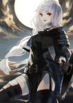  1girl :d arknights bangs belt black_capelet black_dress blocsewtore braid capelet circular_saw commentary dress highres holding holding_weapon long_hair long_sleeves moonlight red_eyes silver_hair smile solo specter_(arknights) thighhighs turtleneck weapon 