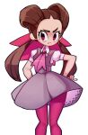  1girl :t brown_hair closed_mouth collared_shirt commentary dress eyelashes grey_dress hair_ribbon hands_on_hips kurt_robinson long_hair no_pupils pantyhose pink_legwear pink_ribbon pokemon pokemon_(game) pokemon_oras pout purple_eyes ribbon roxanne_(pokemon) shirt short_sleeves simple_background solo twintails white_background white_shirt 