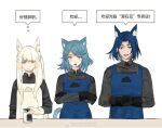  1boy 2girls animal_ears apron arknights artist_request bangs blue_eyes blue_hair gloves highres liquid_soap monique_(arknights) multiple_girls platinum_(arknights) roy_(arknights) translated white_hair yellow_eyes 