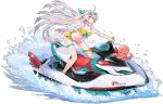  1girl amaterasu_(ark_order) ark_order artist_request ass bangs bikini blue-tinted_eyewear breasts cleavage earrings eyewear_on_head faux_figurine full_body jet_ski jewelry large_breasts long_hair looking_at_viewer low_ponytail navel octopus official_art open_mouth sheer_clothes shirt sidelocks solo sunglasses swimsuit thigh_strap tinted_eyewear transparent_background unbuttoned very_long_hair water white_hair white_shirt yellow-framed_eyewear yellow_bikini 