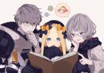  1boy 2girls abigail_williams_(fate) anger_vein blonde_hair blue_eyes bow chin_stroking commentary_request dessert fate/grand_order fate/grand_order_arcade fate_(series) food glasses gloves green_eyes grey_hair hair_bow hat jacques_de_molay_(fate) jacques_de_molay_(foreigner)_(fate) long_hair menu moruka_(karupattyo03) multiple_girls multiple_hair_bows purple_eyes reading spoken_anger_vein spoken_food yen_sign 