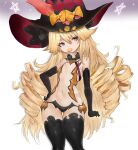  1girl absurdres azur_lane black_legwear blonde_hair blue_eyes bow candy food gloves halloween halloween_costume hat highres kesseil long_hair looking_to_the_side mouth_hold official_alternate_costume revealing_clothes smalley_(azur_lane) smalley_(candy_courier)_(azur_lane) solo star_(symbol) thighhighs thighs wavy_hair yellow_bow 