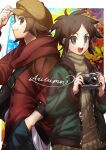  2boys :d alternate_costume autumn bright_pupils brown_eyes brown_hair brown_sweater camera green_jacket hand_in_pocket hand_on_headwear hat highres hilbert_(pokemon) holding holding_camera hood hood_down hooded_jacket jacket kamota_(momokomati) long_sleeves male_focus multiple_boys nate_(pokemon) open_clothes open_jacket open_mouth pokemon pokemon_(game) pokemon_bw pokemon_bw2 red_jacket short_hair smile sweater symbol-only_commentary teeth tongue upper_teeth white_pupils zipper 