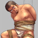  1boy bara blush bound bound_legs bulge commission dark-skinned_male dark_skin facial_hair feet_out_of_frame goatee head_tilt looking_at_viewer male_focus manboobs mature_male muscular muscular_male nipples original pectorals plump redmoons rope shibari short_hair sideburns sitting skeb_commission solo sumo sweat thick_thighs thighs topless_male wet wet_clothes wide-eyed 