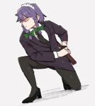  1girl bad_id bad_twitter_id bangs black_eyes black_footwear black_legwear black_necktie blazer bow braid collared_shirt commentary_request cookie_(touhou) full_body glasses green_bow grey_hair grey_jacket high_heels holding holding_sword holding_weapon izayoi_sakuya jacket katana long_sleeves looking_afar maid_headdress medium_hair necktie office_lady ohasi one_knee pantyhose ready_to_draw red-framed_eyewear ryuuga_(cookie) semi-rimless_eyewear shirt solo sword touhou twin_braids under-rim_eyewear weapon white_shirt 