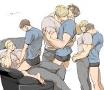  2boys bangs bara black_male_underwear blonde_hair blue_shirt boxer_briefs brown_hair closed_eyes couple grey_pants grey_shirt hug hug_from_behind jack_krauser kiss kissing_neck leon_s._kennedy looking_at_another lying male_focus male_underwear multiple_boys muscular muscular_male on_back on_person open_mouth pants pectorals psmhbpiuczn resident_evil resident_evil_4 resident_evil_darkside_chronicles shirt short_hair sitting smile thighs underwear white_background yaoi 