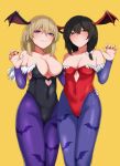  2girls absurdres alternate_costume animal_print arm_up bangs bat_print black_nails blonde_hair blush breasts bridal_gauntlets brown_eyes brown_hair cleavage clothing_cutout collarbone commentary_request cosplay covered_navel eyebrows_visible_through_hair fang fang_out fingernails fur_trim hair_between_eyes hair_ribbon hand_on_another&#039;s_waist head_wings highres ikeda_yamada jewelry large_breasts leotard lilith_aensland lilith_aensland_(cosplay) lips looking_at_viewer maribel_hearn morrigan_aensland morrigan_aensland_(cosplay) multiple_girls nail_polish pantyhose purple_legwear red_nails ribbon ring short_hair simple_background smile smug standing sweatdrop thick_thighs thighs touhou tress_ribbon upper_body usami_renko vampire_(game) yellow_background 