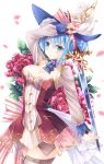  1girl absurdres aqua_eyes atelier_(series) blue_hair blue_headwear blush breasts cleavage closed_mouth cowboy_shot flower hat highres holding holding_sword holding_weapon looking_at_viewer medium_breasts nelke_to_densetsu_no_renkinjutsushi_tachi nelke_von_luchetam petals shiny shiny_skin shizuki_ayame short_hair simple_background skirt smile solo standing sword thighhighs weapon white_background 