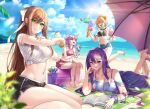  4girls :d ^^^ artist_name ball bangs bare_shoulders barefoot beach bikini bikini_top black_bikini black_shorts blue_nails blue_sky blurry blurry_background blurry_foreground book bow breasts brown_hair closed_eyes cloud cocktail_glass collarbone commentary commission cup cutoffs day depth_of_field doki_doki_literature_club dolphin_shorts drinking_glass drooling dropping english_commentary exercise_ball eyebrows_visible_through_hair eyes_visible_through_hair feet_up food green_eyes green_nails hair_between_eyes hair_bow hair_ornament hair_ribbon hairclip head_rest highres ice_cream ice_cream_cone large_breasts long_hair looking_at_another looking_at_viewer lotion lying midriff monika_(doki_doki_literature_club) multiple_girls nail_polish natsuki_(doki_doki_literature_club) navel on_stomach open_book outdoors pink_eyes pink_hair pink_skirt pleated_skirt potetos7 purple_eyes purple_hair purple_nails reading red_bow ribbon sayori_(doki_doki_literature_club) see-through shirt short_sleeves shorts sidelocks skirt sky smile sunscreen swimsuit tied_shirt toenail_polish toenails two_side_up very_long_hair watermark white_ribbon white_shirt yuri_(doki_doki_literature_club) 