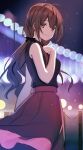  1girl absurdres ahoge arm_at_side bangs black_bow black_shirt blurry blurry_background bokeh bow bridge brown_eyes brown_hair closed_mouth clothes_lift collared_shirt commentary_request depth_of_field from_side hair_between_eyes hair_bow hand_on_own_chest highres idolmaster idolmaster_shiny_colors kneeichigo kuwayama_chiyuki lamppost light_blush long_hair looking_at_viewer medium_skirt night night_sky red_skirt riverbank shirt skirt skirt_lift sky sleeveless sleeveless_shirt smile solo twintails 