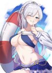  1girl anastasia_(fate) anastasia_(swimsuit_archer)_(fate) asashin_(asn) bangs bikini bikini_skirt blue_bikini blue_eyes blue_skirt blue_swimsuit blush breasts cleavage collarbone commentary eyebrows_visible_through_hair fate/grand_order fate_(series) finger_to_mouth frilled_skirt frills grin highres holding holding_innertube index_finger_raised innertube jewelry large_breasts long_hair long_sleeves looking_at_viewer miniskirt navel necklace off_shoulder one_eye_closed ponytail shushing silver_hair skirt smile solo swimsuit teeth white_sleeves 