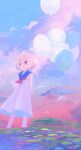  1girl absurdres balloon blue_sailor_collar blue_sky cloud cloudy_sky commentary dress highres lily_pad natsu-no-kamisama original plant red_eyes sailor_collar short_hair sky sleeveless sleeveless_dress solo wading white_dress white_hair wide_shot 