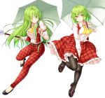  1girl aka_tawashi arm_garter ascot collared_shirt dual_persona frilled_skirt frills green_eyes green_hair high-waist_pants highres kazami_yuuka kazami_yuuka_(pc-98) long_hair long_sleeves medium_skirt one_eye_closed pants pantyhose parasol plaid plaid_pants plaid_skirt plaid_vest red_eyes red_skirt red_vest shirt short_hair simple_background skirt skirt_set smile solo touhou touhou_(pc-98) umbrella vest wavy_hair white_background white_shirt yellow_neckwear 