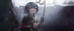  1girl 6+others absurdres ambiguous_gender belt blood blood_on_face blue_hair bound bound_wrists brown_jacket chinese_commentary commentary_request crying crying_with_eyes_open execution gun highres holding holding_gun holding_weapon jacket long_sleeves multiple_others noose original outdoors parted_lips qingfeng_canying red_armband shirt short_hair snowing tears torn_clothes weapon weapon_request white_shirt yellow_eyes 