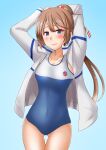  1girl anti_(untea9) blue_background blue_eyes blush brown_hair closed_mouth commentary_request eyebrows_visible_through_hair gradient gradient_background hair_ornament hand_in_hair high_school_fleet highres jacket kantai_collection kazagumo_(kancolle) long_hair long_sleeves one-piece_swimsuit open_clothes open_jacket partial_commentary ponytail school_swimsuit solo swimsuit white_jacket 
