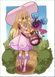  1girl bag bangs blonde_hair blunt_bangs braid bush closed_mouth collared_dress commentary cosmog dress duffel_bag eyelashes full_body green_eyes hat highres holding_strap knees kurt_robinson lillie_(pokemon) long_hair poke_ball_theme pokemon pokemon_(creature) pokemon_(game) pokemon_sm see-through shoes sleeveless sleeveless_dress smile socks standing sun_hat sundress twin_braids white_dress white_headwear 