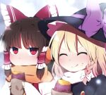  2girls :q bangs black_headwear blonde_hair bow braid brown_hair closed_eyes closed_mouth eyebrows_visible_through_hair food food_on_face hair_bow hair_tubes hakurei_reimu hat hat_bow highres holding holding_food kirisame_marisa looking_at_viewer multiple_girls outdoors purple_bow red_bow red_eyes scarf side_braid single_braid smile sweet_potato tongue tongue_out touhou upper_body v-shaped_eyebrows white_bow witch_hat you_(noanoamoemoe) 