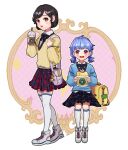  2girls :d backpack bag bag_charm black_hair black_skirt blue_hair blue_shirt blush_stickers brown_eyes charlotte_(cyphers) charm_(object) cup cyphers disposable_cup eating full_body handbag highres invisible_chair kneehighs looking_at_viewer marlene_(cyphers) multiple_girls n-i-s-s-i plaid plaid_skirt school_uniform shirt shoes short_hair short_twintails simple_background sitting skirt smile sneakers thighhighs twintails white_legwear 