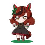  1girl :&lt; animal_ears bangs black_dress black_hair blush boots bow brown_eyes brown_footwear brown_hair brown_shirt chibi closed_mouth collared_shirt colored_shadow commentary_request dress ear_bow eyebrows_visible_through_hair frilled_dress frills full_body green_bow hitomiz horse_ears horse_girl horse_tail long_sleeves looking_at_viewer multicolored_hair nice_nature_(umamusume) red_legwear shadow shirt sleeveless sleeveless_dress sleeves_past_wrists socks solo standing streaked_hair tail umamusume white_background 