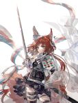  1girl animal_ears arknights bangs black_skirt earphones flametail_(arknights) hair_ornament highres holding holding_sword holding_weapon long_hair nevakuma_(fanfanas) red_hair scabbard sheath skirt squirrel_ears squirrel_girl squirrel_tail sword tail thigh_strap weapon yellow_eyes 