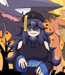  1girl @_@ ahoge alternate_costume bangs bare_shoulders black_hair black_headwear breasts clothing_cutout commentary_request gourgeist grey_eyes hair_between_eyes hat haunter hex_maniac_(pokemon) long_hair messy_hair moon open_mouth orange_background pokemon pokemon_(creature) pokemon_(game) pokemon_xy rinouru sash shoulder_cutout smile star_(symbol) tree 