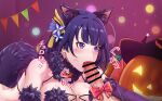  1boy 1girl angrykuma animal_ears bangs bare_shoulders bow braid braided_ponytail breasts censored cleavage cosplay elbow_gloves erection fate/grand_order fate_(series) fellatio fur-trimmed_gloves fur_collar fur_trim genshin_impact gloves hair_ornament halloween halloween_costume hetero highres jack-o&#039;-lantern large_breasts long_hair mash_kyrielight mash_kyrielight_(dangerous_beast) mash_kyrielight_(dangerous_beast)_(cosplay) mole mole_under_eye o-ring oral penis pumpkin purple_eyes purple_hair raiden_shogun revealing_clothes tail wolf_ears wolf_tail 