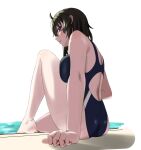  1girl ahoge barefoot black_eyes black_hair black_swimsuit breasts commentary_request competition_swimsuit from_behind highres large_breasts looking_at_viewer m0nsoo00n one-piece_swimsuit original poolside short_hair simple_background solo swimsuit white_background 